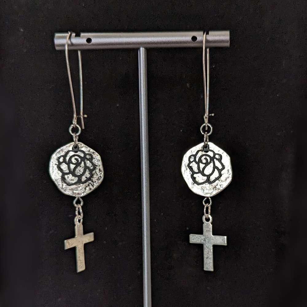 Silver Cross Earrings with Black Roses